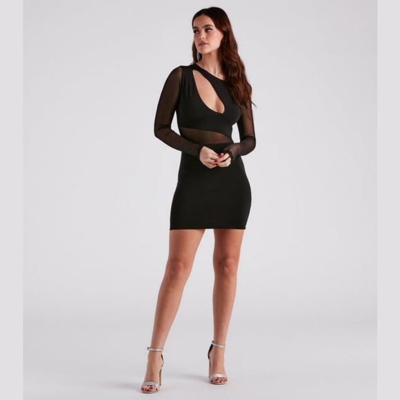 All Eyes On Me ✦ Black Mesh Cutout Mini Dress ✦ Long Sleeve Bodycon Sheer Detail - Picture 5 of 10